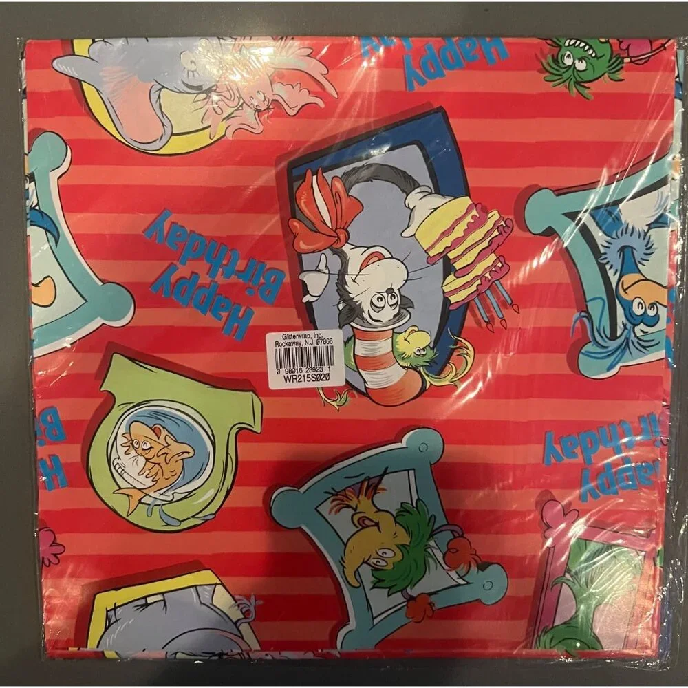 Vintage Glitter Wrap Sealed Dr. Seuss Cat‎ in the Hat Happy Birthday Gift Wrap